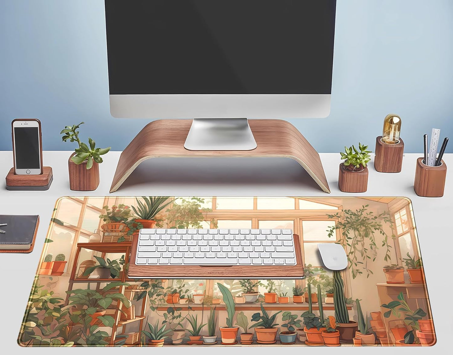 Cute Plant Lover Desk Mat Cozy Mouse pad Beige, XXL Large Extended Earthy Brown Green Aesthetic Floral Mousepad Gaming Desk Pad, Big Laptop Keyboard and Mouse Mat with Stitched Edges 31.5x15.7 in