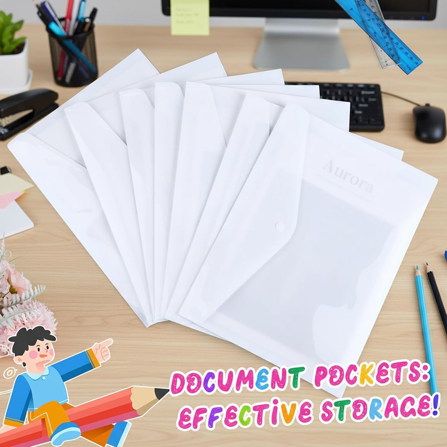 100 Pcs Clear Envelopes with Snap Button Closure Bulk A4 Letter Size Clear Plastic Envelope Folder Document Organizer File Folders for Office Home (Milky)