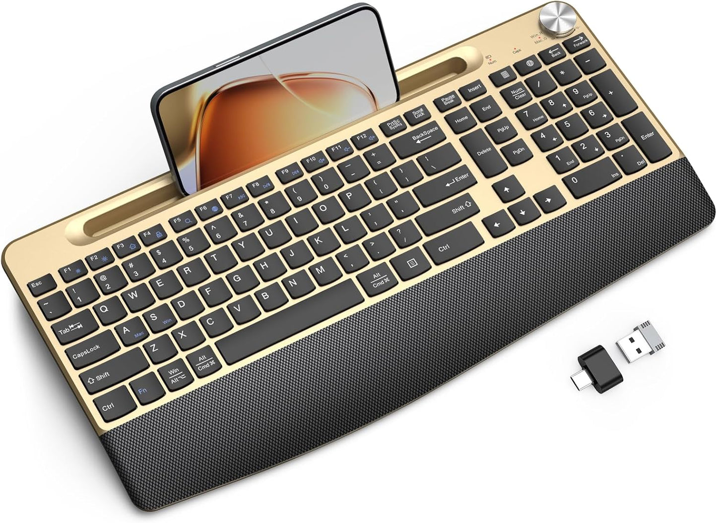 Ergonomic Wireless Keyboard with Wrist Rest-Low-Profile,Phone/Tablet Holder,Quiet Design，Windows & Mac OS，Full Size Cordless USB Computer Keyboard for Desktop,Laptop, PC, Mac, Windows-Gold