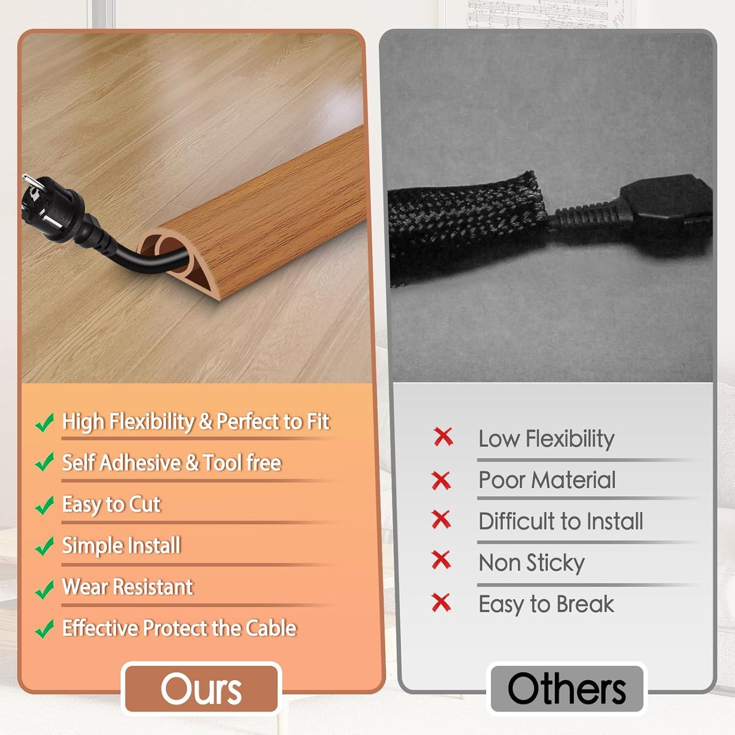 Floor Cord Cover for Wires on Floor Self Adhesive Cord Hider Floor Cable Management Wire Covers for Cords Protector Prevent Cable Trips Cord Cavity W 0.32" x H 0.32", Brown Wood, 20Ft