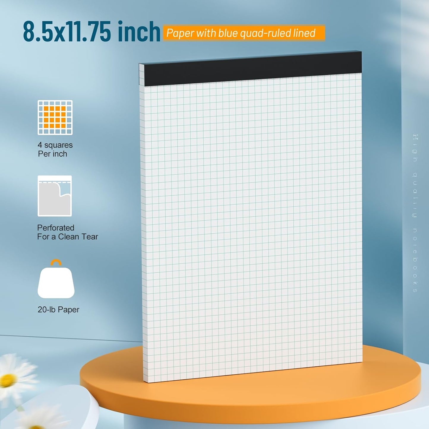 Graph Paper Notebook 8.5 x 11 Grid Paper Pad Quad Ruled, 2 Pack, 30 Sheets per Pad, White, 4x4 (4 Squares per inch), Easy-Tear Perforations, 8.5"x11" Quad Ruled Grid Paper Pad