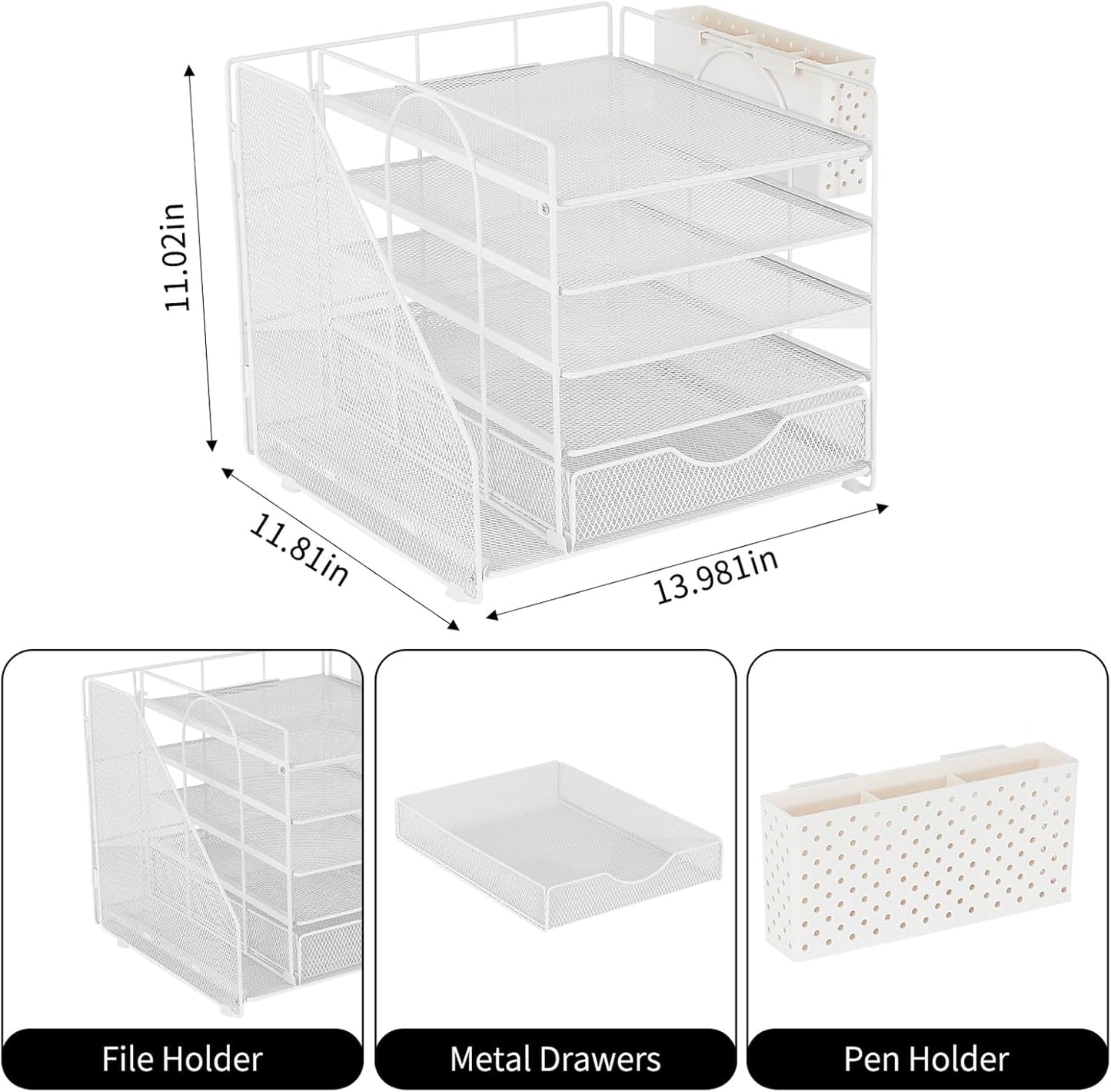 Desk Organizer with Drawer and Pen Holder, 5-Tier Paper Letter Tray Organizer with File Holder, Suitable for Workspace Organizer Office Supplies Storage (White)
