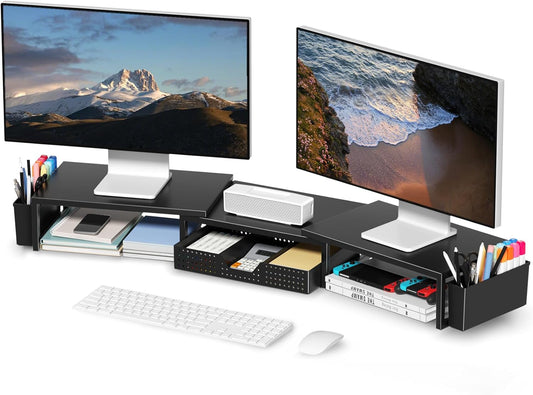 Desk Organizers and Accessories, Dual Monitor Stand Riser with Drawer and 2 Pen Holders, Desk Shelf Metal Computer Monitor Stand for Office Workspace Organizers, Desktop Organization (Black)