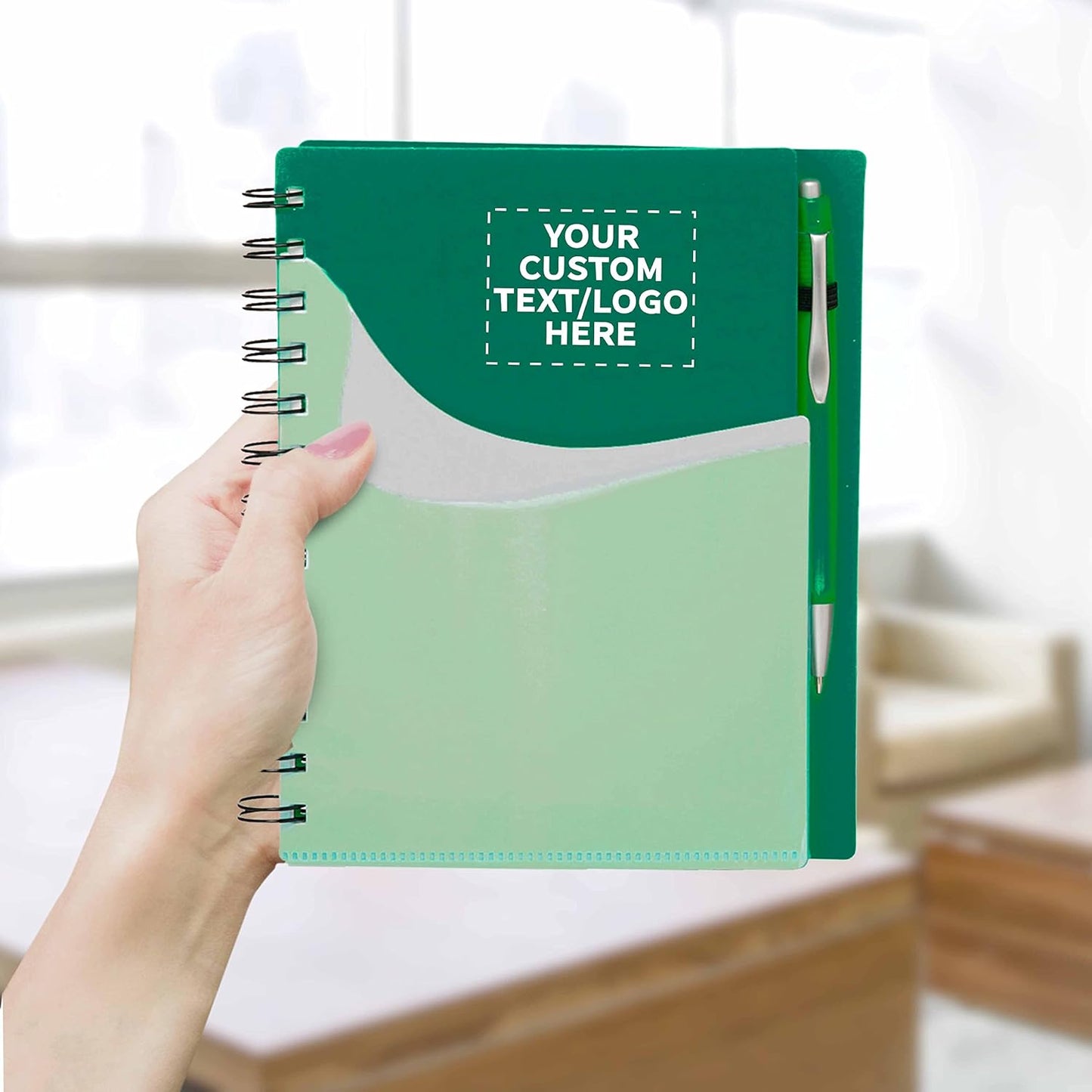 DISCOUNT PROMOS Custom Spiral Notebooks with Front Pocket Set of 50, Personalized Bulk Pack - Durable Plastic Cover, Includes Matching Pen in Blank Ink, Perfect for School, Office, Home - Green
