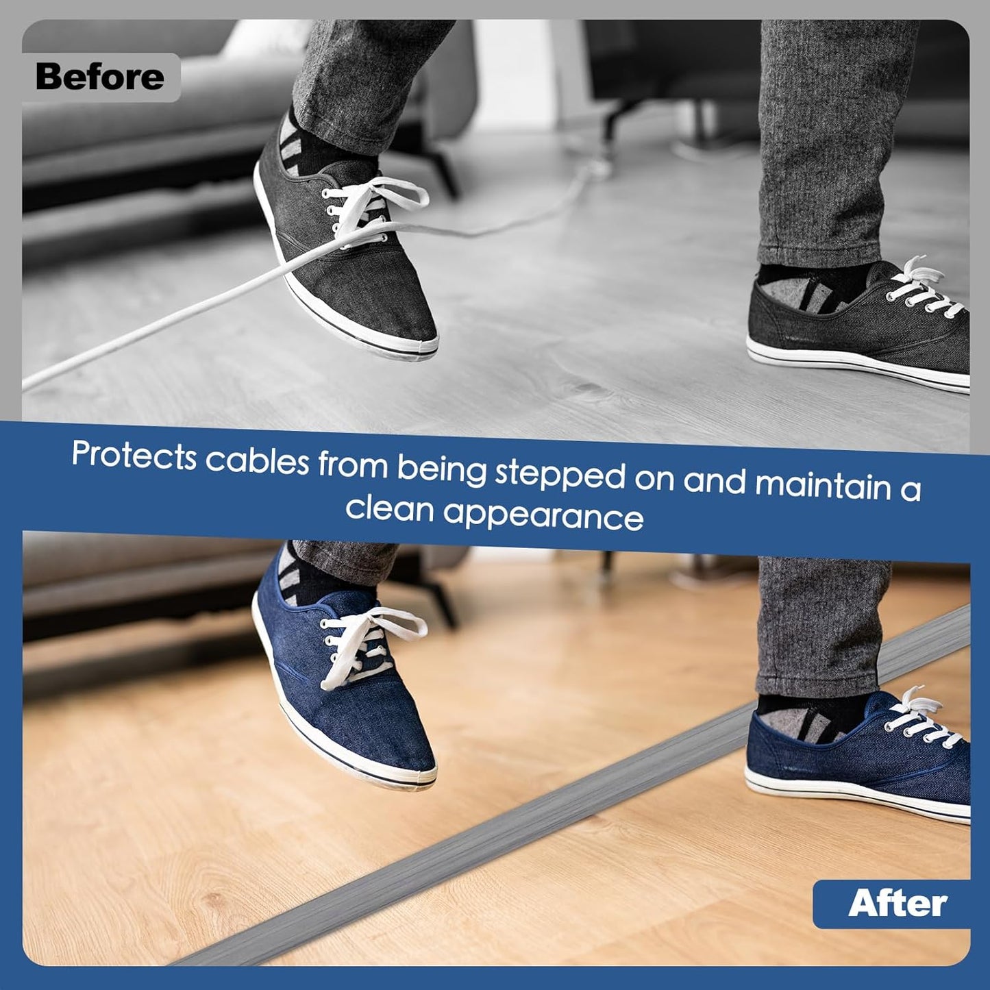 Floor Cord Cover for Wires on Floor Self Adhesive Cord Hider Floor Cable Management Wire Covers for Cords Protector Prevent Cable Trips Cord Cavity W 0.59" x H 0.31", Gray Wood, 3.3Ft