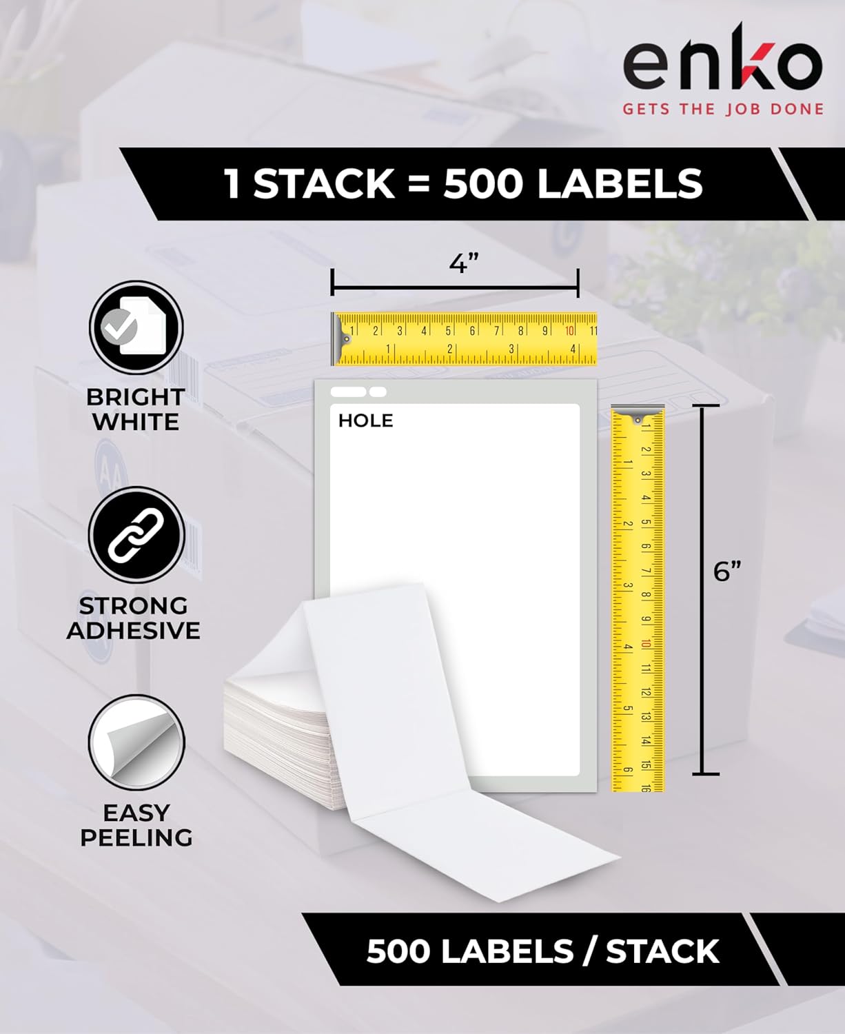 enKo 4 x 6 Thermal Fan Fold Labels Compatible for Rollo Printer Labels - 1 Stack of 500 4x6 Label Zebra Printer - Mailing Postal Label Paper, Perforated, Permanent Adhesive