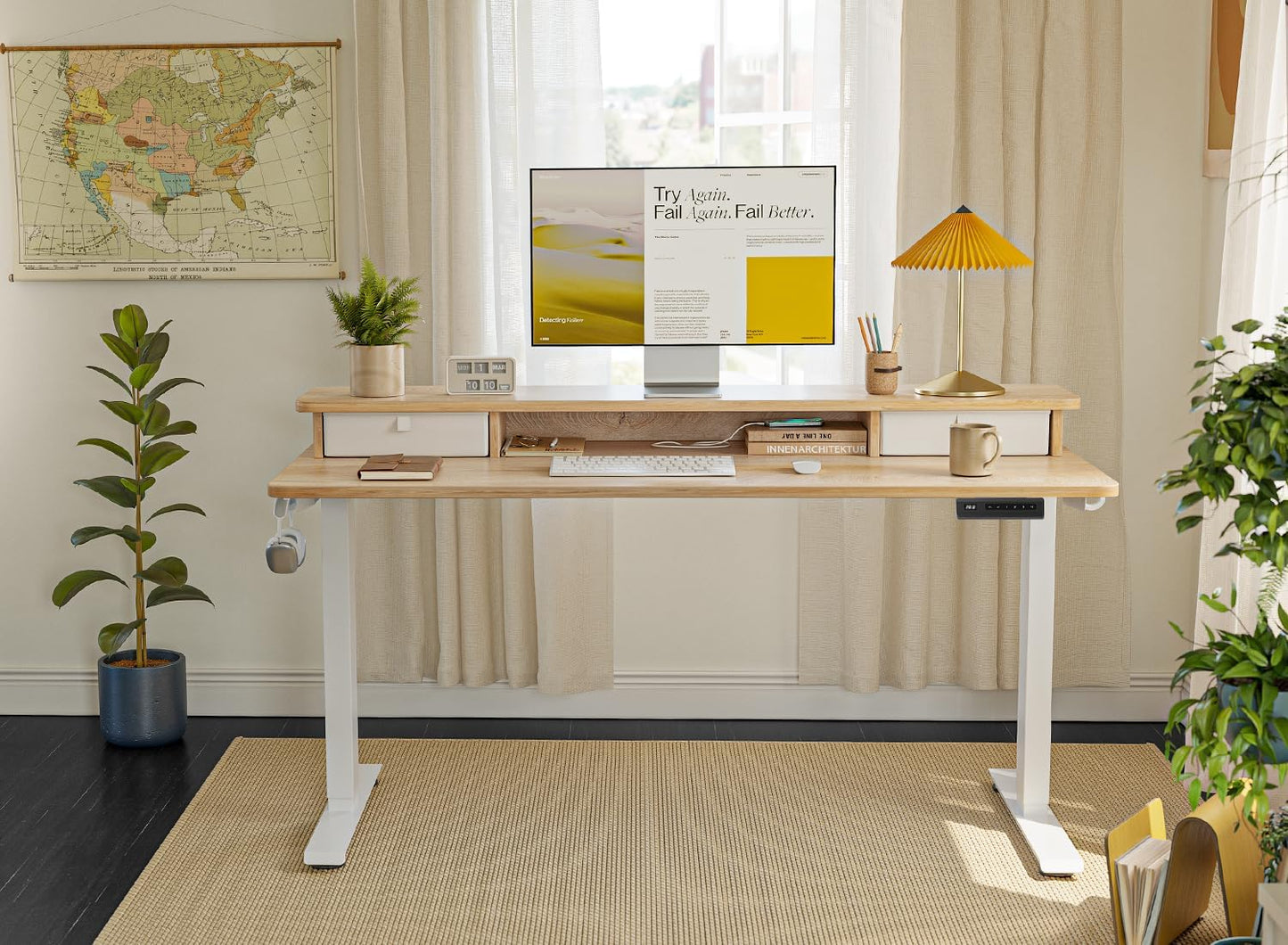 FEZIBO 40 x 24 Inch Height Adjustable Electric Standing Desk with Double Drawer, Computer Desk, Home Office Stand Up Table with 4 Height-Adjustable Feets & 2 Hooks, Maple