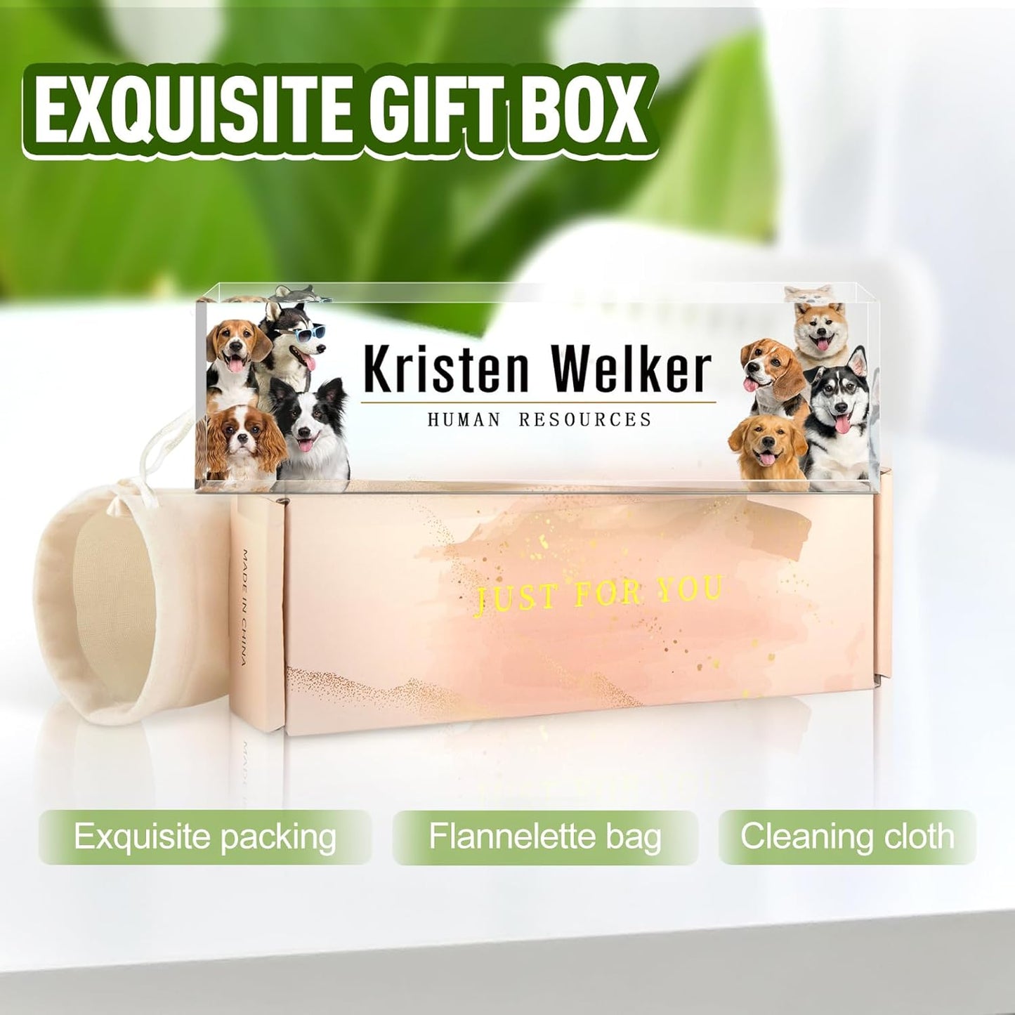 Gowellly Office Desk Name Plate Personalized - Custom Acrylic Name Plates for Desk - Employee Appreciation Gifts - Office Gifts for Teacher,Boss,Nurse,Lawyer,Women Office (Pet-Dog-2)