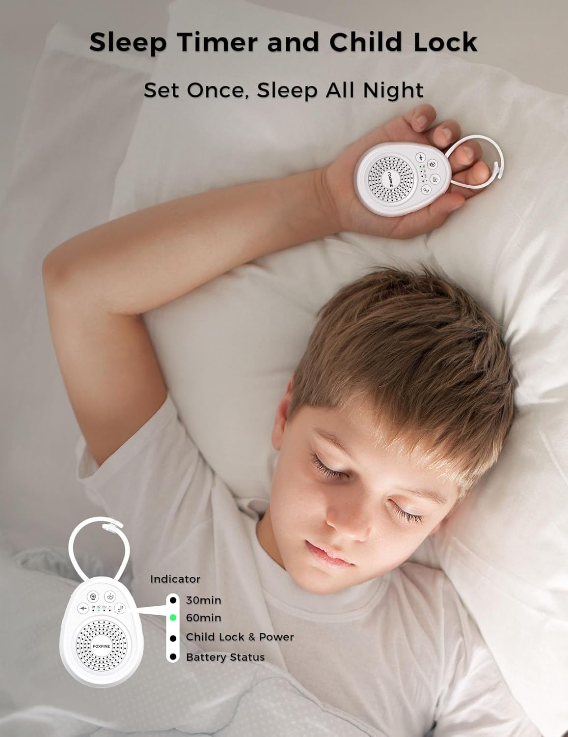 FOXFINE White Noise Machine, Portable Sound Machine with 30 Soothing Sounds, Timer, for Sleeping, Baby, Adults, Home & Travel, White