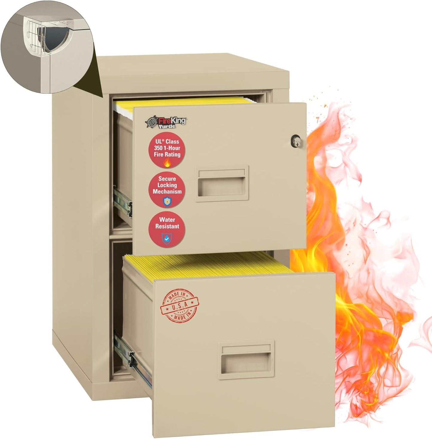 FireKing Turtle Vertical 2 Drawer Legal and Letter Fire Safe File Cabinet with Key Lock, 1 Hour Fire Rated, UL Rated & Water Resistant Home Safe, Filing Cabinet, Made in The USA, Parchment