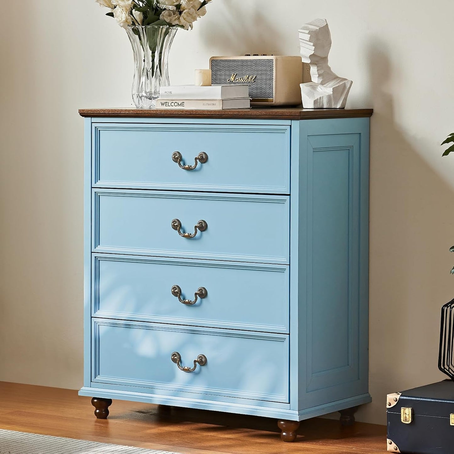 Farmhouse 4 Drawer Dresser for Bedroom, 37" Tall Rustic Chests of Drawers w/ 4 Solid Wood Feet, Mid Century Modern Wooden Closet Storage Dressers Organizer for Living Room, Hallway, LightBlue