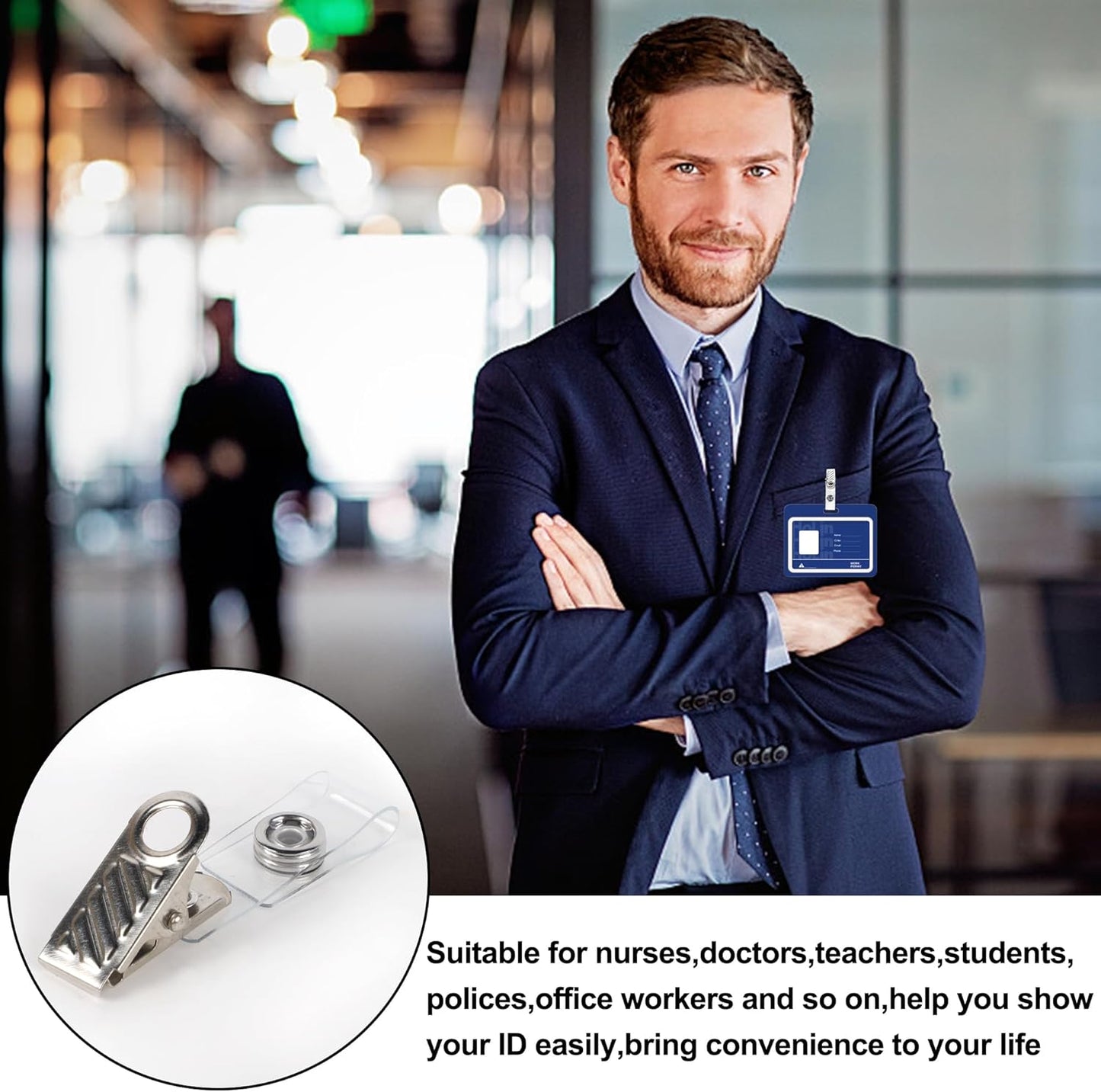 Happy Trees 200 Pcs Metal Badge Clips with Clear PVC Straps, ID Holder Clip for Badge Holders, Name Tags, ID Cards, Work Badges