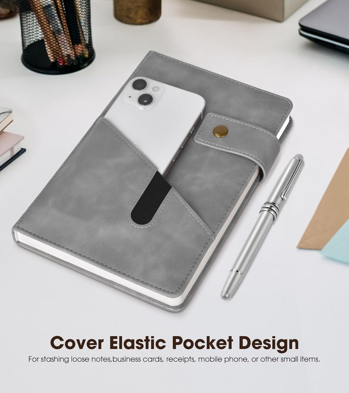 Grey A5 Lined Leather Journal Notebook for Men Women,5.9" X 8.4" Personalized Hardcover Journal with Pen,200 Pages 100 Gsm Thick Ruled Paper Daily Diary for Travel,Business,Work,Writing