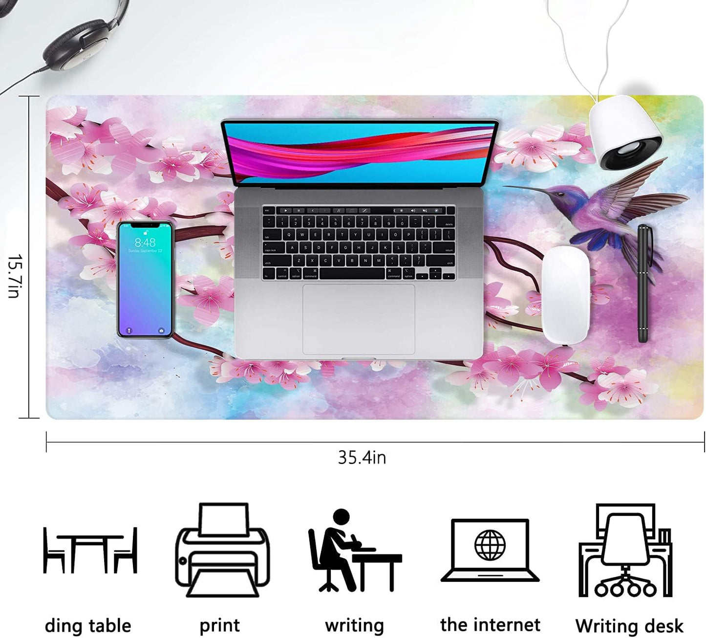 Extended Large Gaming Mouse Pad Spring Peach Blossoms and Hummingbirds XXL Size Keyboard Mouse Mat Desk Pad with Non Slip Rubber Base Stitched Edges Office Decor for Women Girls Men,35.4 x 15.7inch