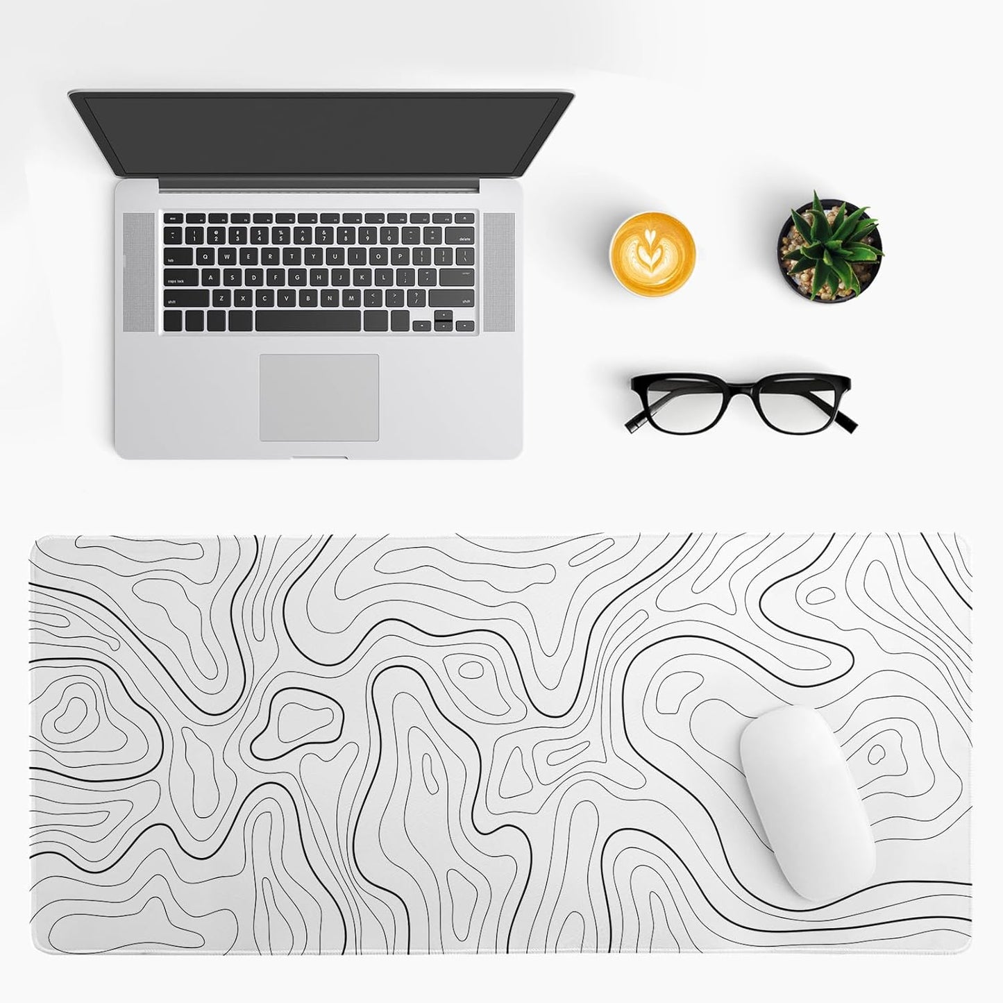 Gaming Mouse Pad Topographic Large Mousepad Keyboard 31.5 x 11.8in for Non-Slip Base and Stitched Edge, Extended Desk Pad XL Desk Mat (White)