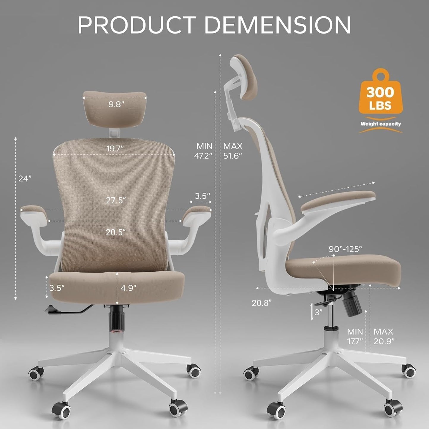 Ergonomic Office Chair with Adjustable Flip-Up Armrests & Lumbar Support - Thickened Cushion Desk Chair with Wheels, Comfy Home Office Computer Chair
