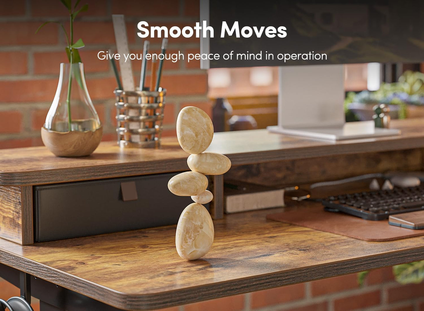 FEZIBO 48 x 24 Inch Height Adjustable Electric Standing Desk with Double Drawer, Stand Up Table with Storage Shelf, Sit Stand Desk, Rustic Brown