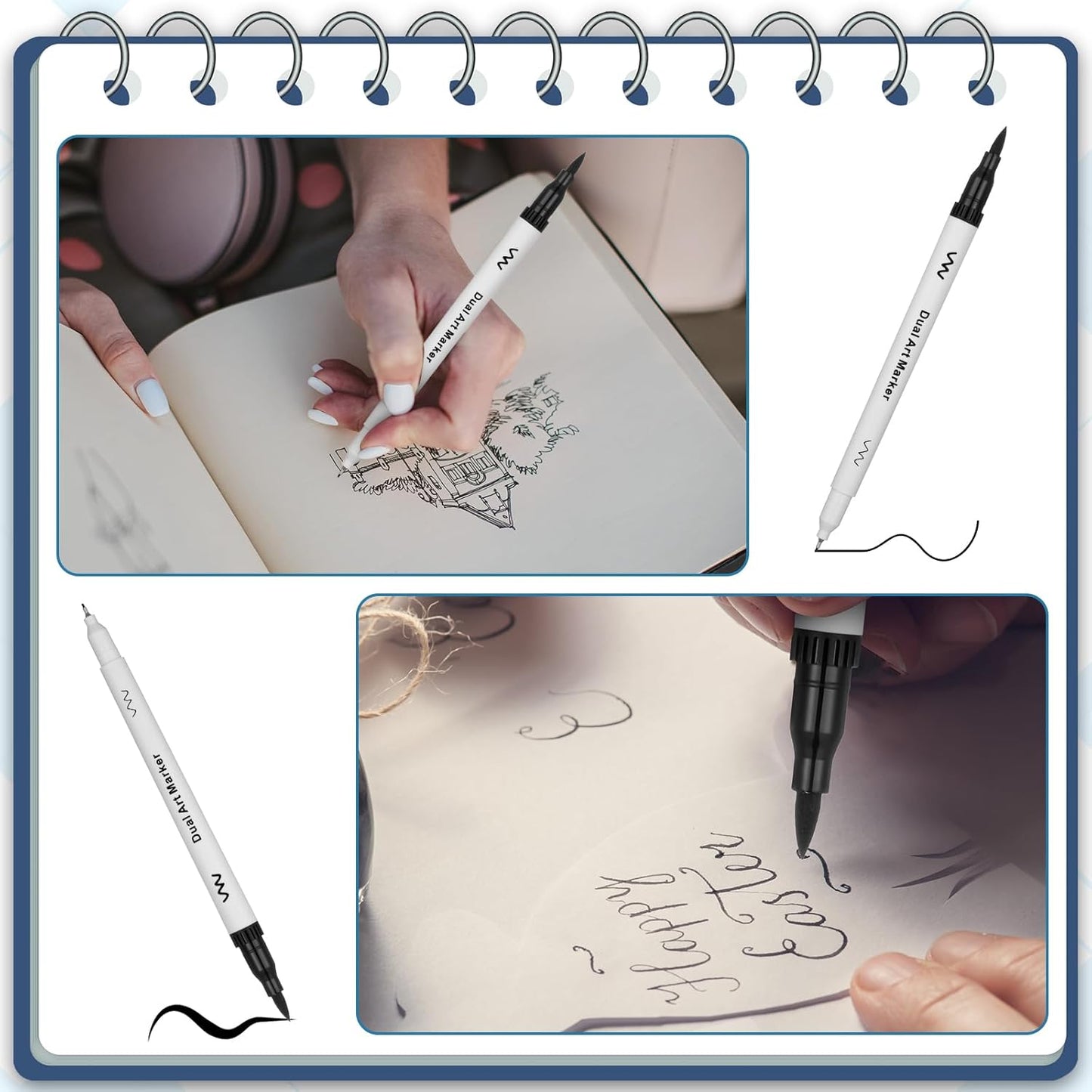 50 Pcs Black Drawing Pens Bulk Dual Brush Fineliners Pens Felt Tip Markers for Art Drawing Sketching