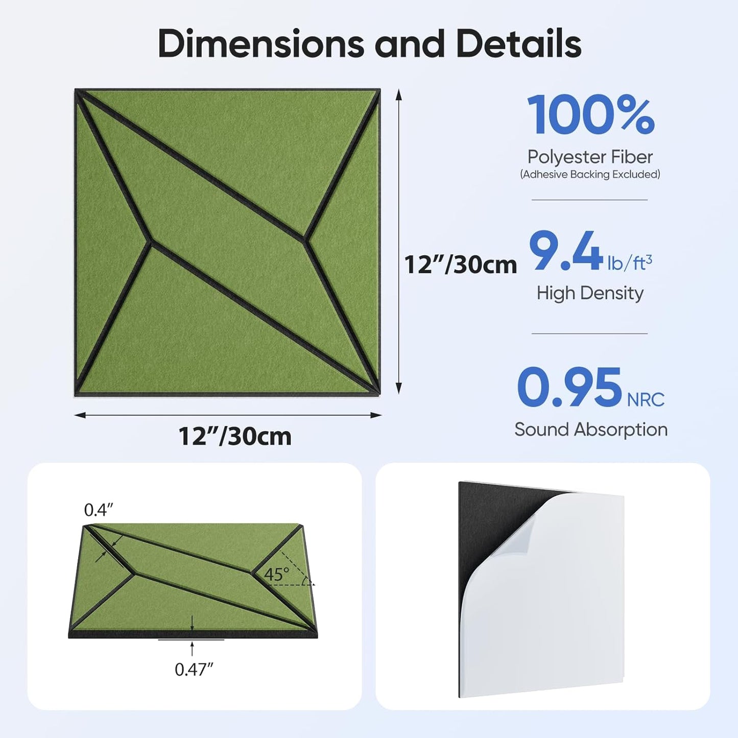 12 Pack 12" X 12" X 0.47" Acoustic Panels for Wall Sound Absorbing, Dual-Color P-Stripes Square Self-Adhesive Sound Panels, High Density Suitable for Multiple Scenarios(Black+DarkGreen)