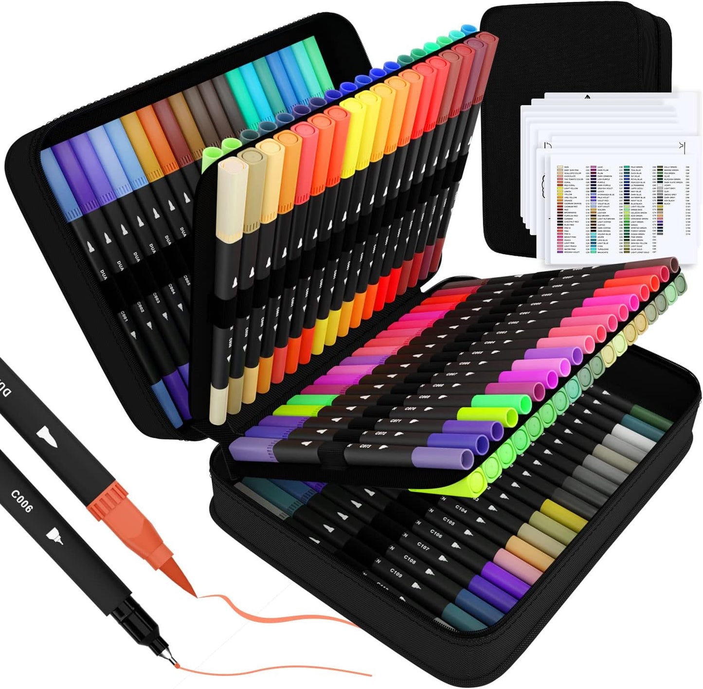 Art Supplier Dual Brush Markers Pens, 110 Artist Coloring Marker Set, Fineliner & Brush Tip Pen with Premium Case for Adults Coloring Books & Kids Journal, Drawing, Doodlin