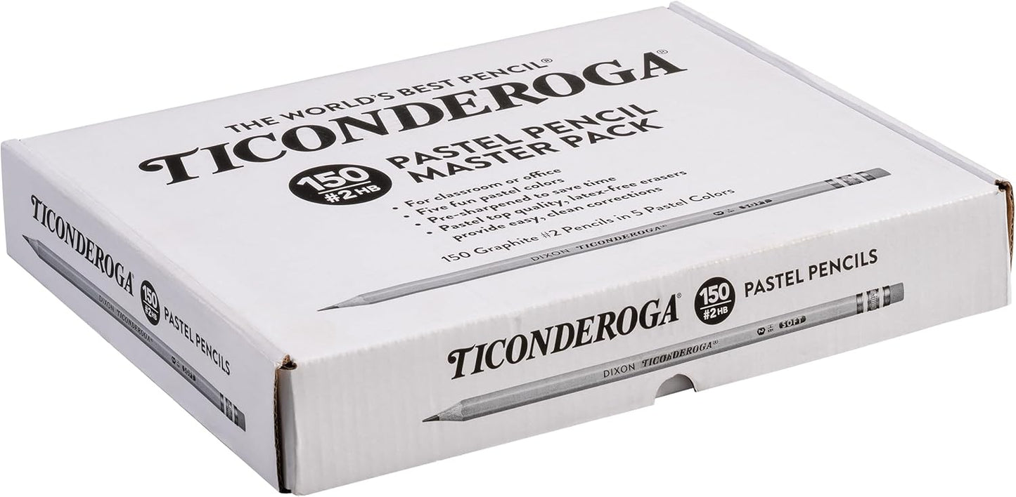 Ticonderoga Wood-Cased Pencils, Pre-Sharpened, 2 HB Soft, Pastel Colors, 150 Count