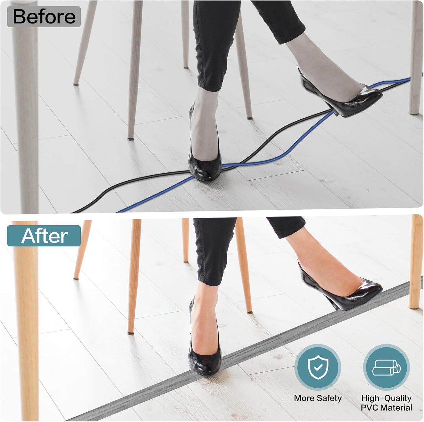 Floor Cord Cover Self Adhesive Cord Hider Floor Extension Cord Covers for Floor Power Cord Protector Cable Management Prevent Cable Trips Cable Cavity 0.32" W x 0.32" H (Light Grey Wood, 3.3Ft)