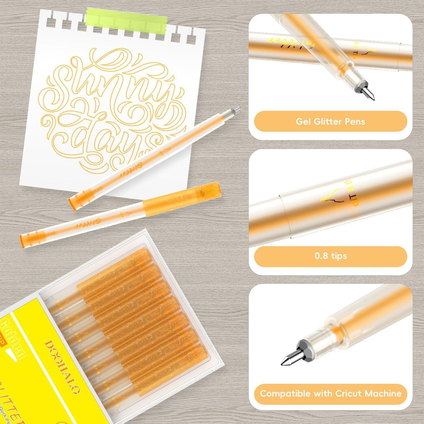 DOOHALO Gold Gel Glitter Pen Compatible with Cricut Maker 3/Maker/Explore 3/Air 2/Air Gel Gollter Markers Variety Tips Point for Drawing