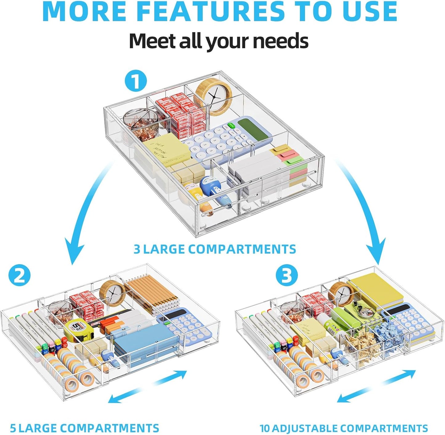 Marbrasse Acrylic Expandable Drawer Organizer, Clear Desk Drawer Organizer Tray with 5 Dividers, Desk Organizers and Accessories, 10 Adjustable Compartments for Office Supplies, Makeup & Vanity