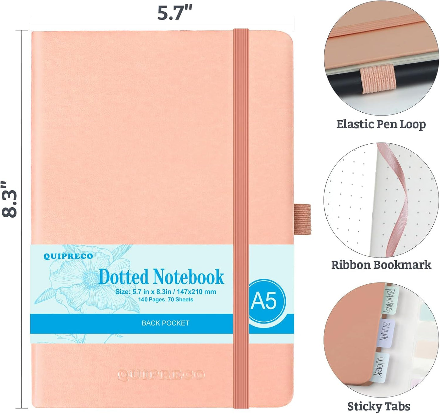 Hardcover Lined Bullet Dotted Journal Notebook, A5 140 192 Pages 100 120Gsm Paper College ruled for School,Work,Travel,and Daily Planning，5.7''*8.3'' (1, Pink, A5 Dotted)