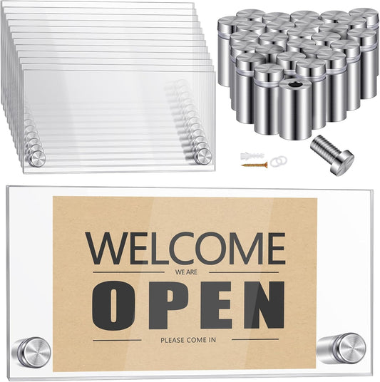 Demissle 12 Sets Clear Acrylic Wall Name Plate Holders Office Door Mount Name Plate Holder with Stainless Steel Standoff Screws for Office Home Store Restaurant (6 x 3 Inch)