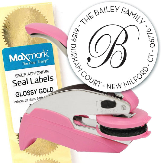 Custom Monogram Address Embosser - Personalized Round Seal with 50 Gold Seal Labels - Style EM028