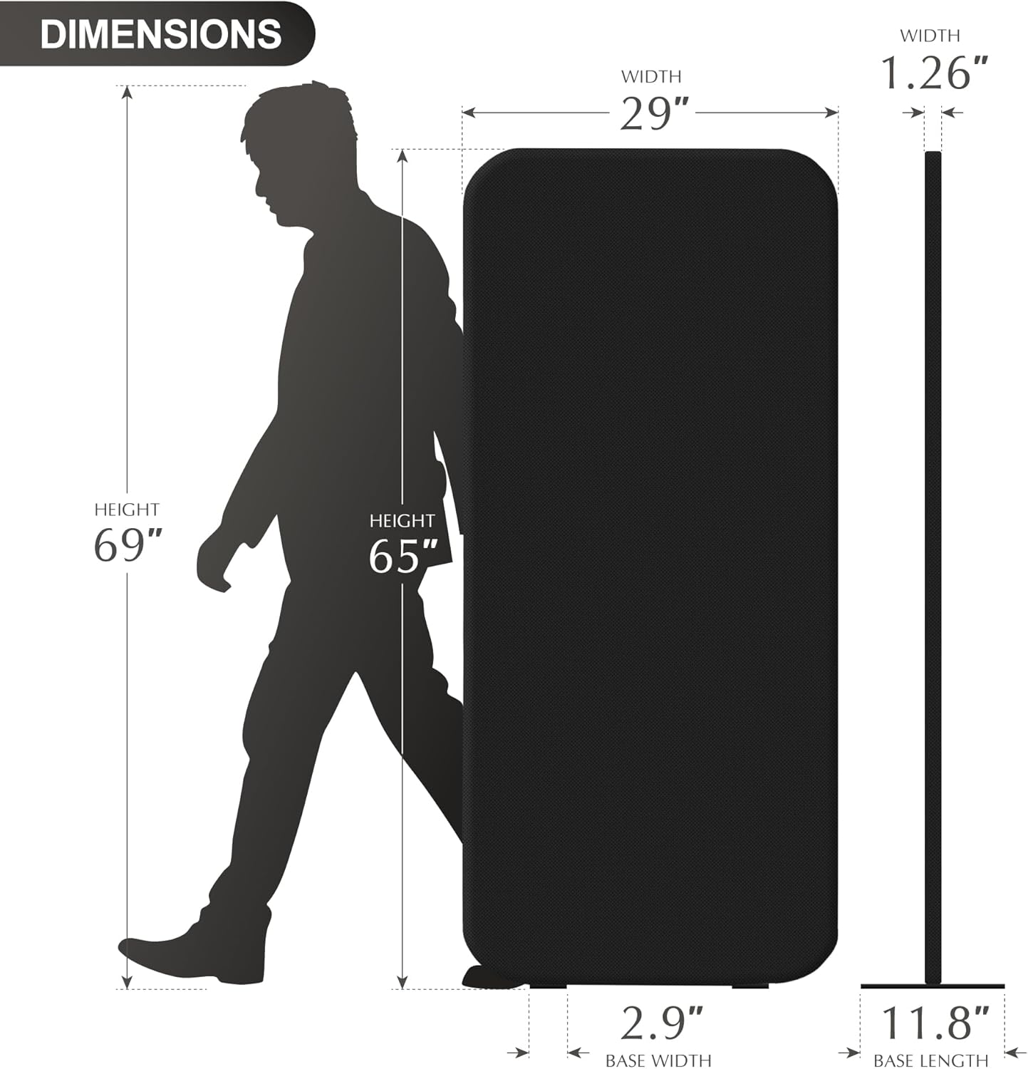 DECOLAB Room Partition Panel, Freestanding Portable Privacy Cubicle Partition for Offices, Classroom, Studio, Healthcare, Workspace, Scratch Resistance, 29"x65" Midnight