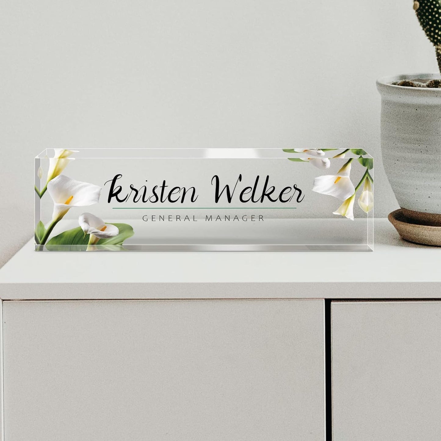 Desk Name Plate Personalized, Premium White Calla Lily Acrylic Desk Name Plate, Personalized Name Plate for Desk, Office Decor for Women or Men Coworkers, Boss, Employee, Teacher