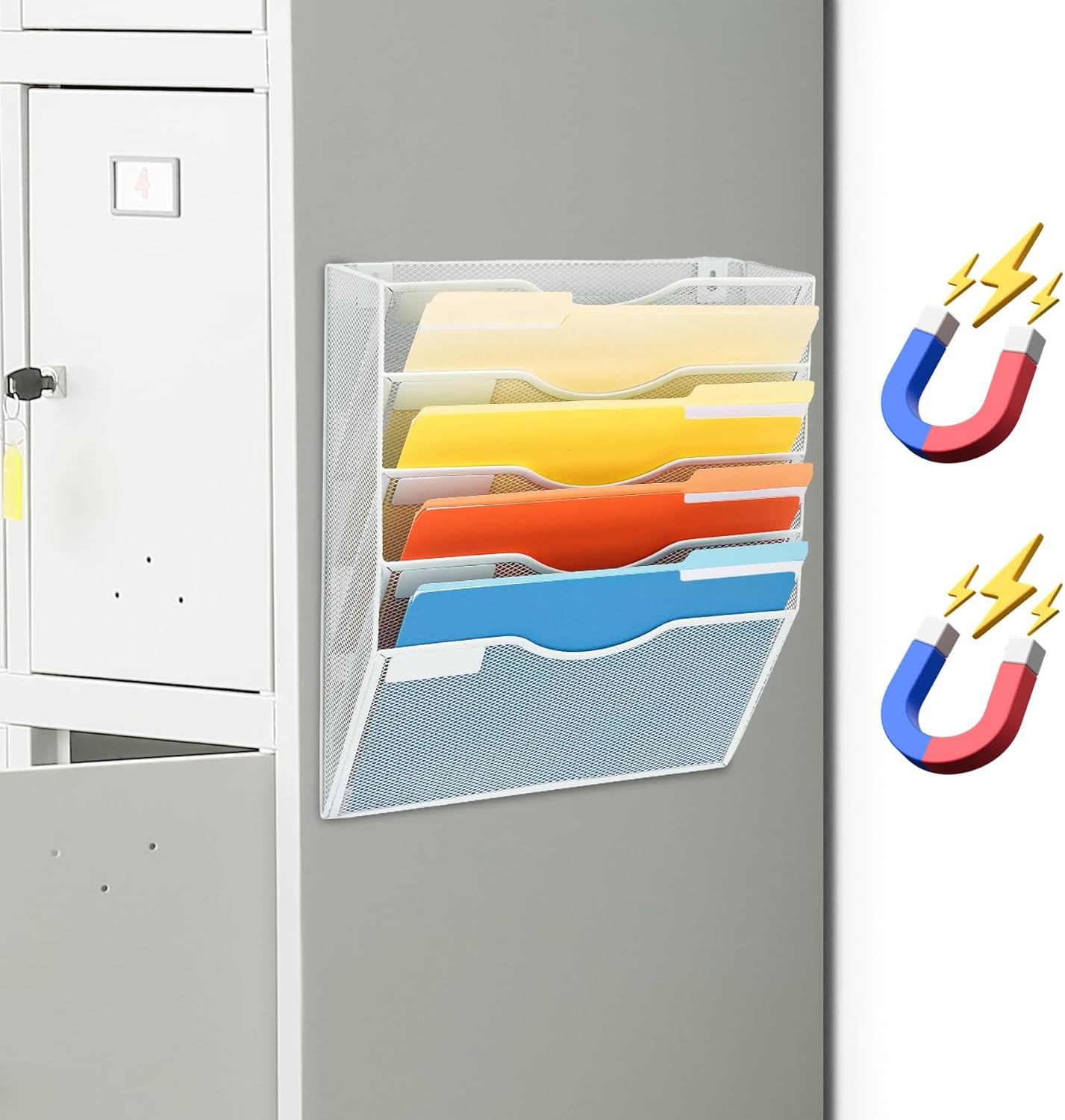 EASEPRES Magnetic 5 Pocket Mesh Hanging File Organizer, Wall Mounted Mail Paper Document Folder Holder, Clipboard Storage Organization Magazine Rack with Nametag Label for Office Home School, White