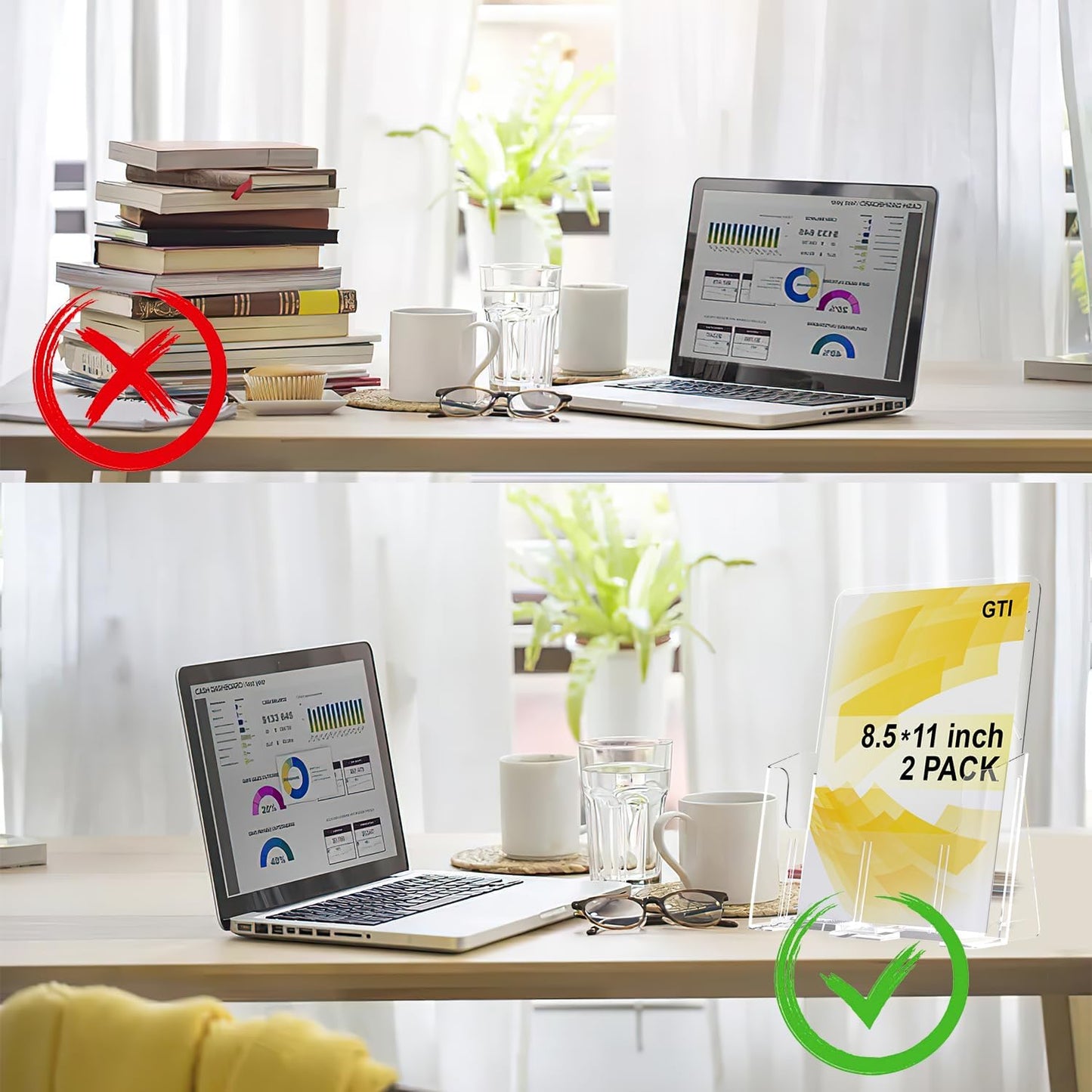 GTI Acrylic Brochure Holder 8.5 x 11 inch, 2 Packs Brochure Display Stand for 4’’ Trifold Pages, Clear Flyer Display Holder for Magazine, Pamphlet, Booklets, Menu,Journals