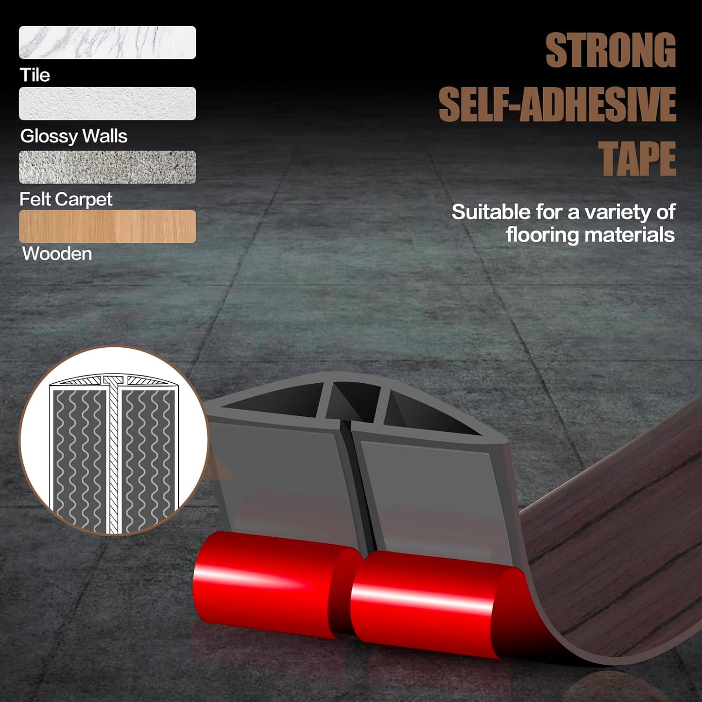 Floor Cord Cover Self Adhesive Cord Hider,3.3FT Cable Management, Extension Strip Protector for Wires, Prevent Cable Trips for Offices, Gyms, Exhibitions Cavity:0.3"(W) x 0.28"(H) Black Wood