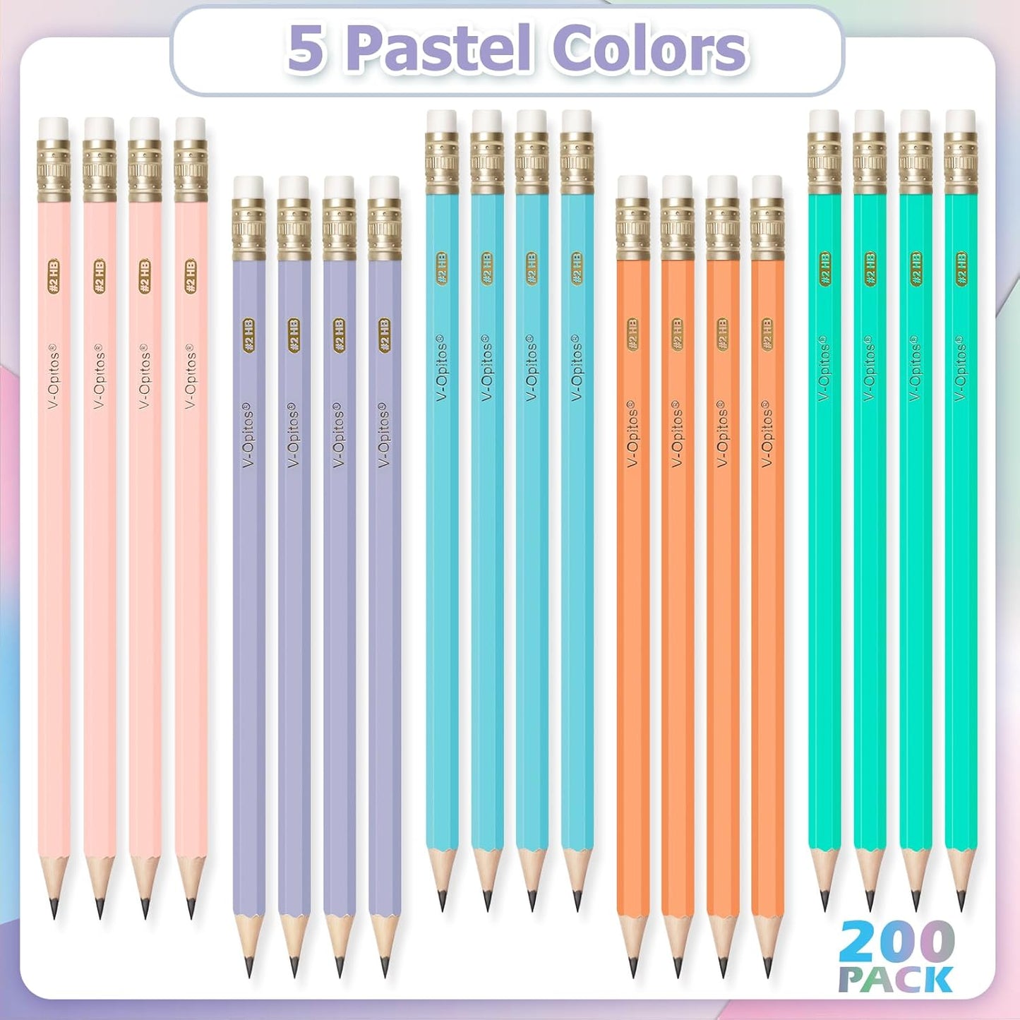 V-Opitos 200 Pack #2 HB Pencils, Bulk Wood-Cased Pre-Sharpened Pastel Color Pencils with Top Erasers, School Teacher Supplies, Writing, Drawing and Sketching