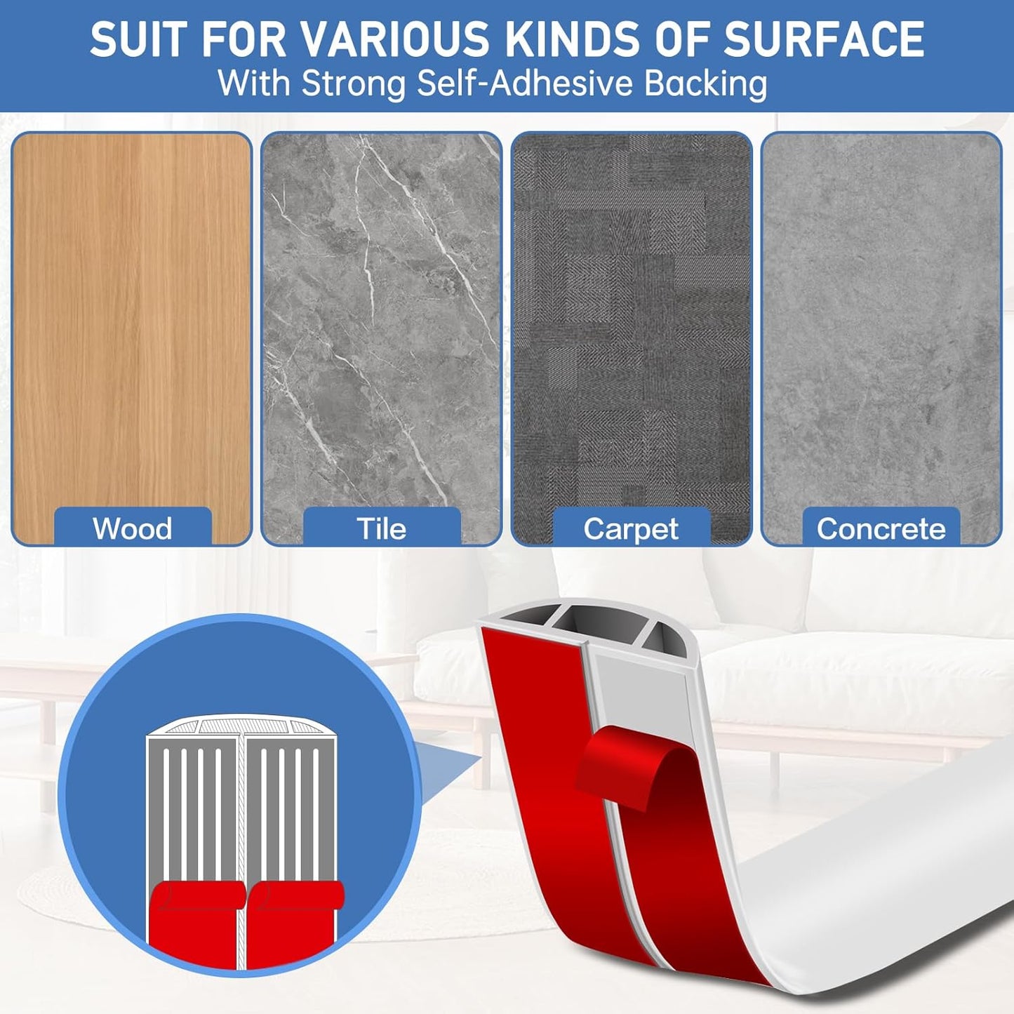 Floor Cord Cover Self Adhesive Cord Hider Floor Extension Cord Covers for Floor Power Cord Protector Cable Management Prevent Cable Trips Cable Cavity 0.59" W x 0.31" H (White, 20Ft)