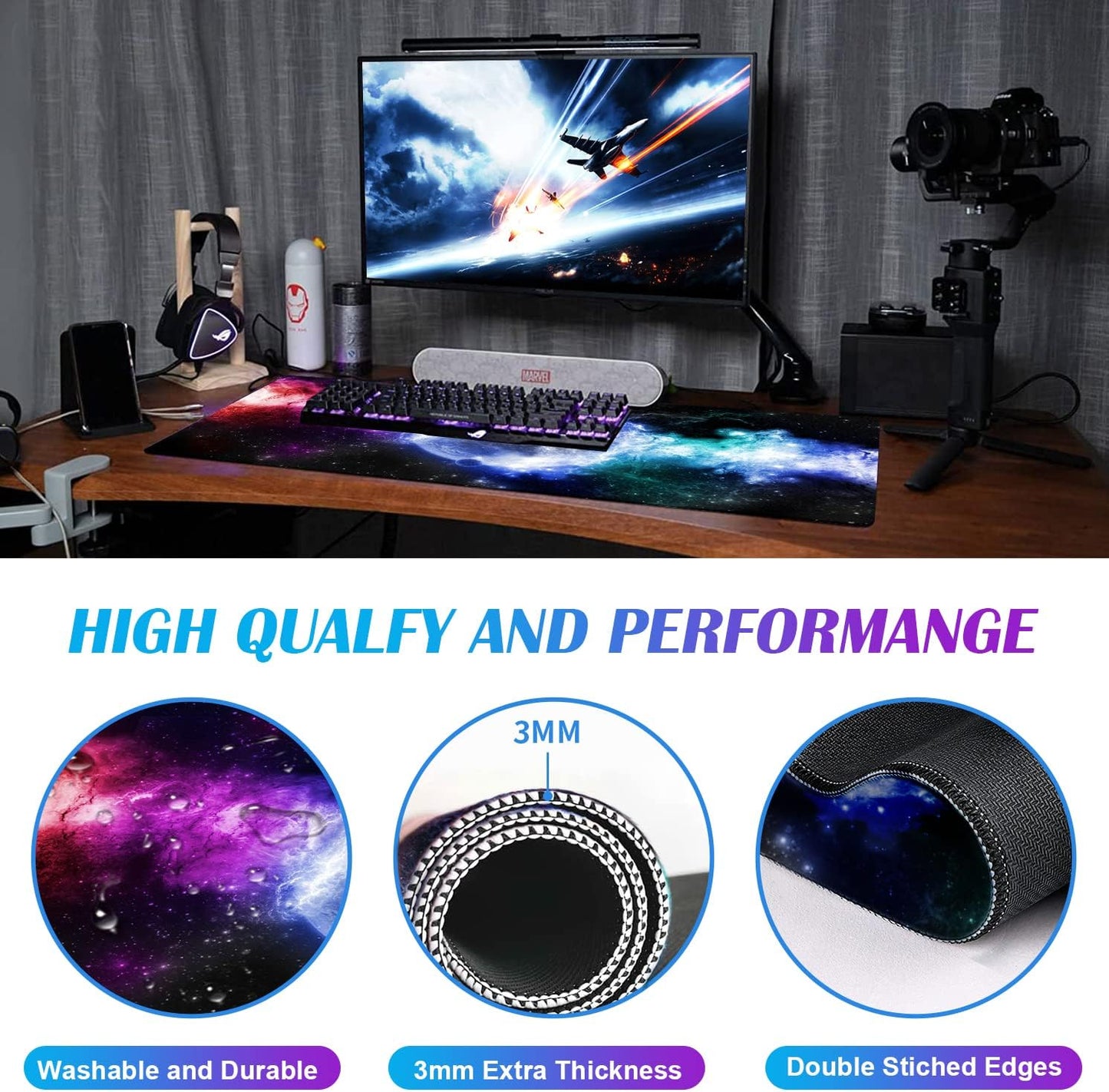 Large Extended Gaming Mouse Pad with Stitched Edges, Non-Slip Waterproof Rubber Base Mouse Pad for Office, Computer, Keyboard, Laptop and Home Desk Pad 35.4 x 15.7 x 0.12 Inch (Nebula Starry Sky)