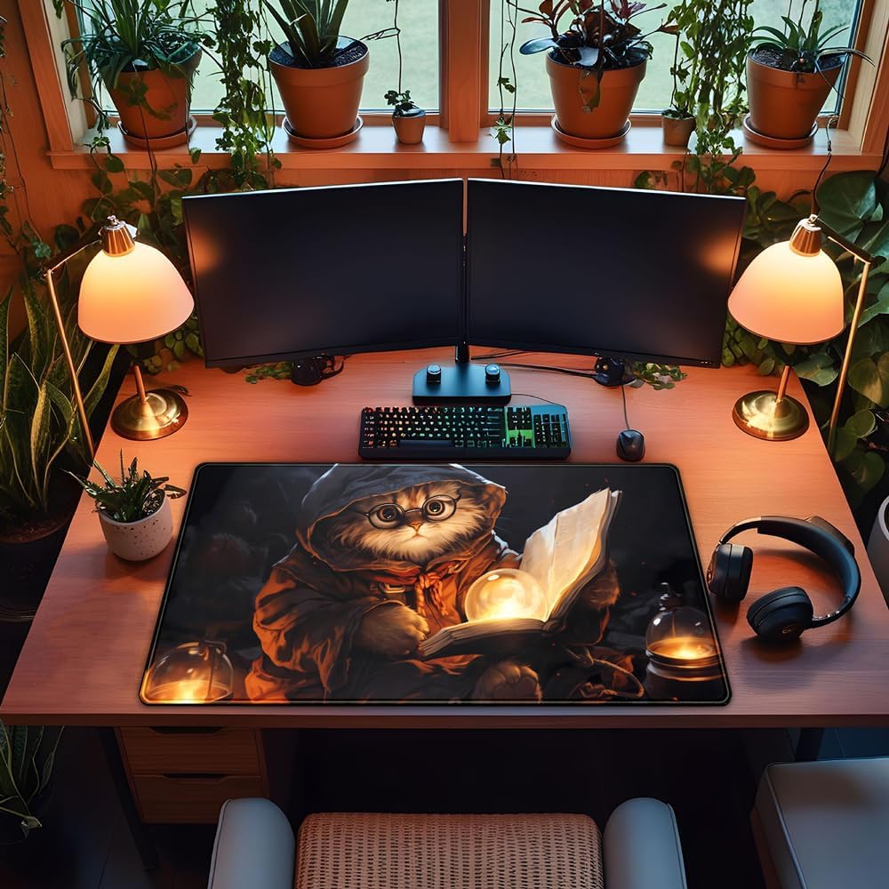 Magical Cat Desk Mouse Mat Black Vintage Desk Pad Playmat for MTG Large Mousepad Gaming Deskpad XXL Keyboard Mouse Pad Full Desktop Mat Desk Cover Mat for Work Office Home (31.5x15.7 in)