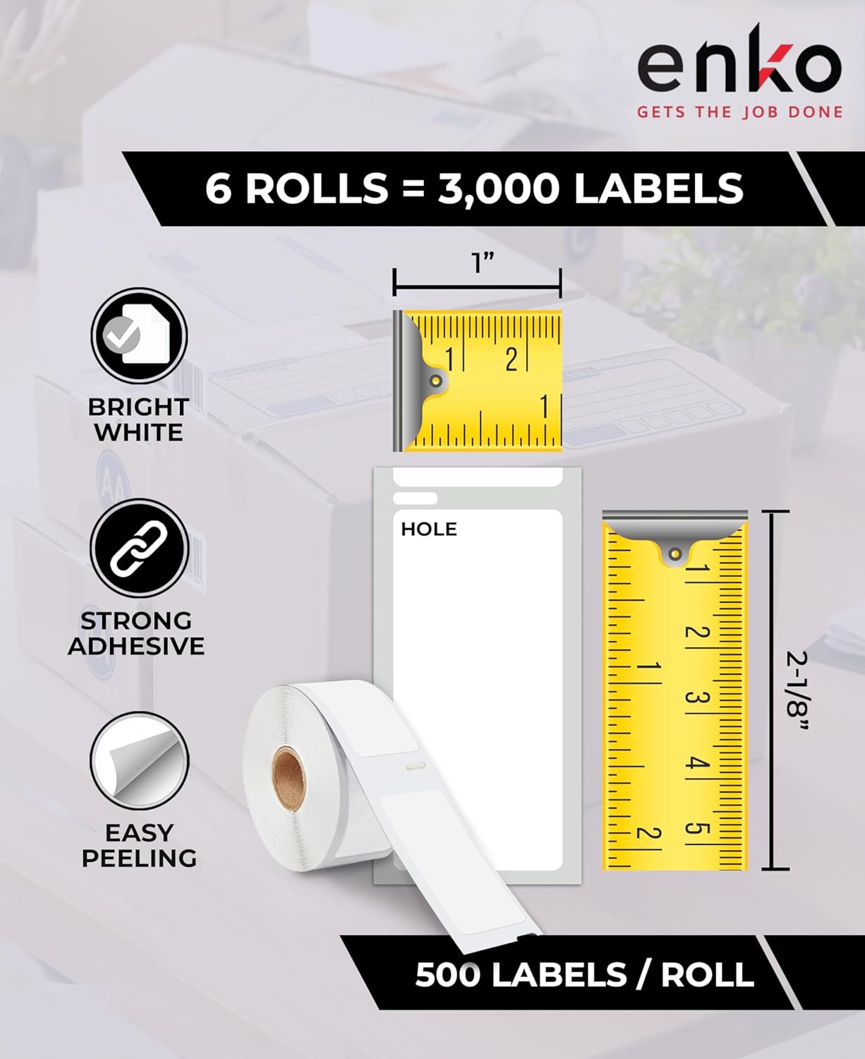 enKo Compatible for Dymo 30336 Labels (1 x 2-1/8 inches) - 6 Rolls, 3,000 Labels for Dymo LabelWriter 450 Turbo Printer and 4XL - Direct Thermal Address, Shipping and Barcode