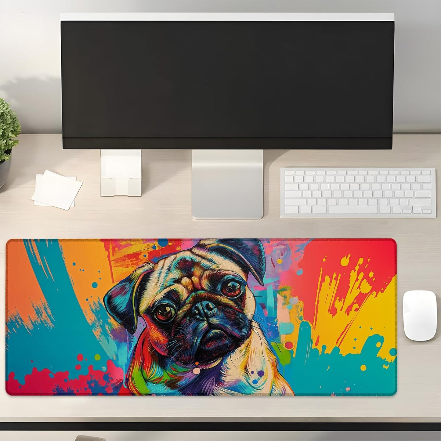 Colorful Pug Dog Gaming Mouse Pad Gifts 31.5" x 11.8", Non-Slip Rubber Base MousePads for Computers Laptop School Office Home Accessories Decor, Mouse Pad, Keyboard Desk Mat