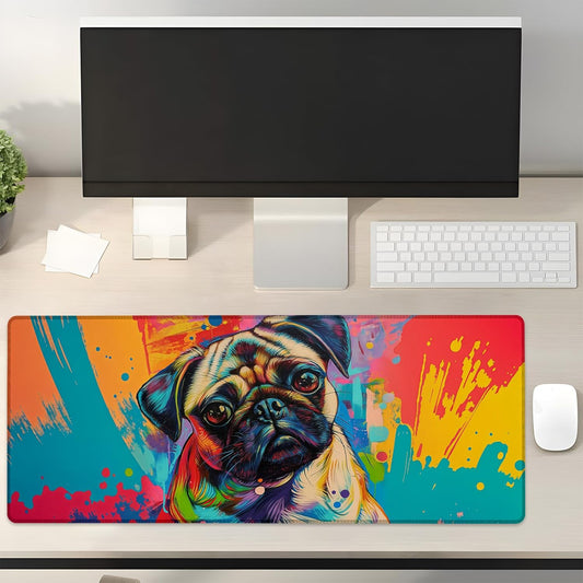 Colorful Pug Dog Gaming Mouse Pad Gifts 31.5" x 11.8", Non-Slip Rubber Base MousePads for Computers Laptop School Office Home Accessories Decor, Mouse Pad, Keyboard Desk Mat