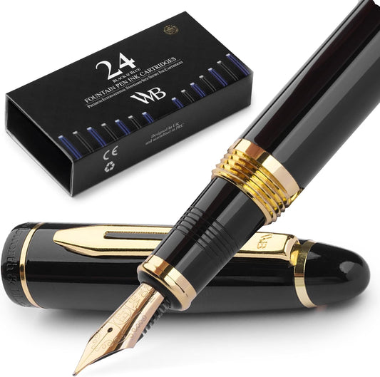 Wordsworth & Black Majesti Fountain Pen-(Black) Luxury Case, 24K Gold Finish; 18K Gilded Extra Fine Nib- Ink Cartridges, Refillable Ink Converter-Calligraphy Pen-Best Business Gift Set for Men & Women