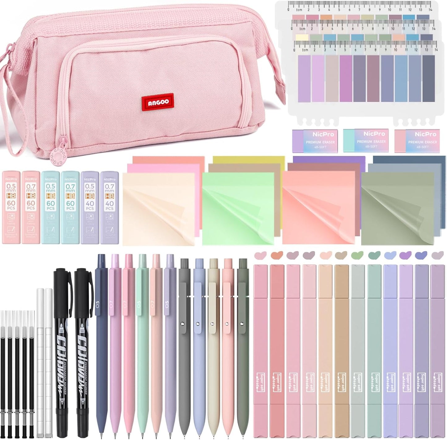 Nicpro 57 PCS Aesthetic Book Annotation Kit with Pen Case, 12 Dual Highlighters, 5 Gel Pens, 6 Mechanical Pencil, 2 Markers 1200PCS Transparent Sticky Notes and Tabs for Bible Study Student Stationary