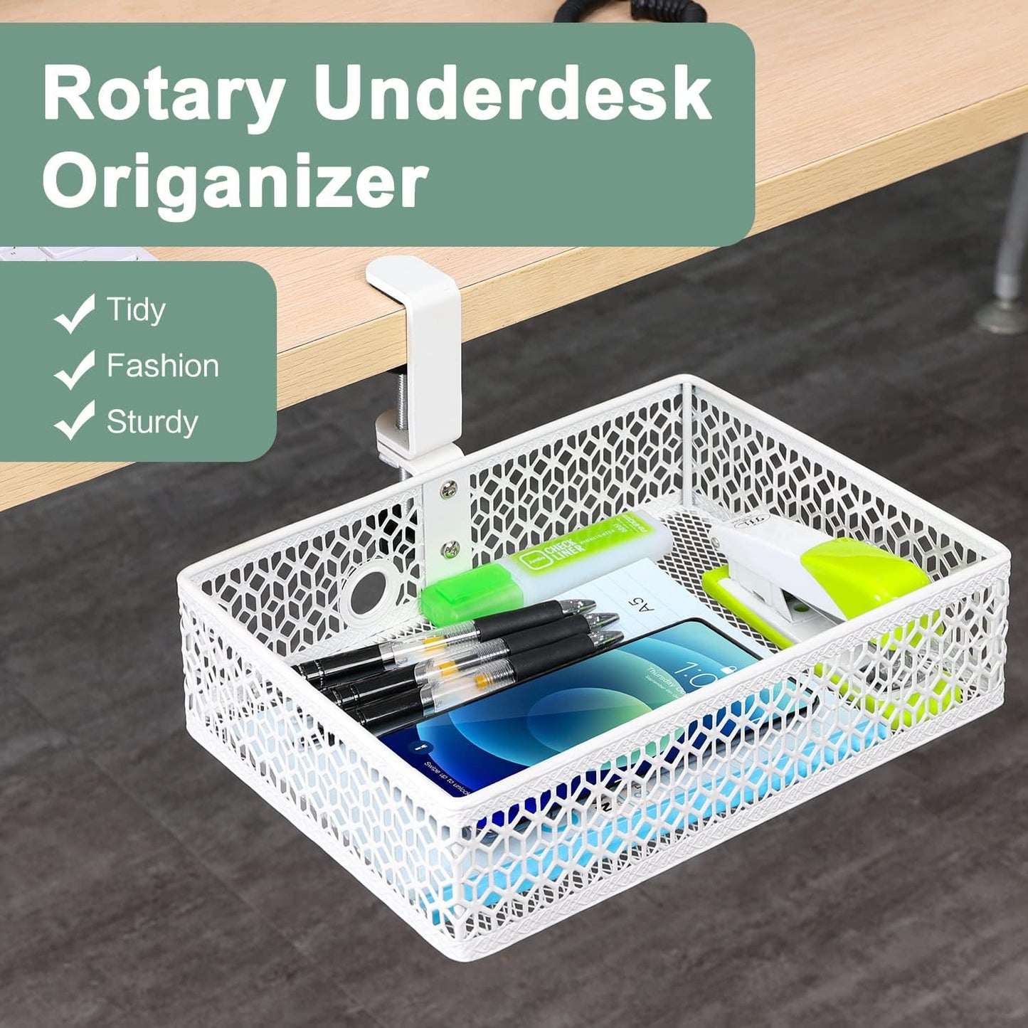 OSYLINE Heavy Duty Clamp On Under Desk Drawer Organizer Storage Tray Basket with Non-Slip Pad Hanging Mount for Home Office Studio Bedroom or Dorm (white)