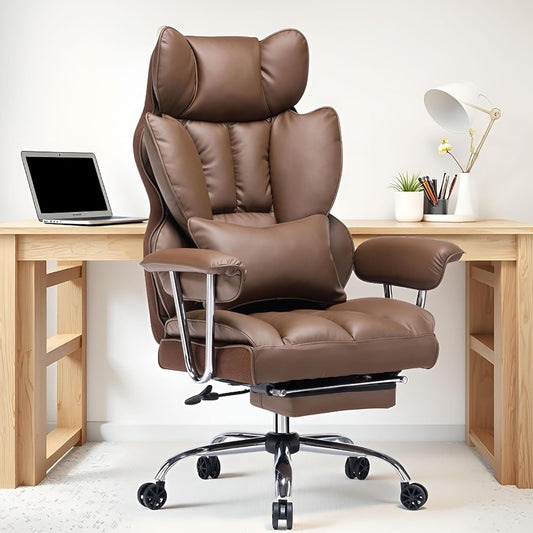 Efomao Big and Tall Office Chair 400lbs – High Back PU Leather Executive Chair with Lumbar Support, Footrest, Swivel Base, Padded Armrests, and Rolling Wheels for Home Office, Brown Computer Chair