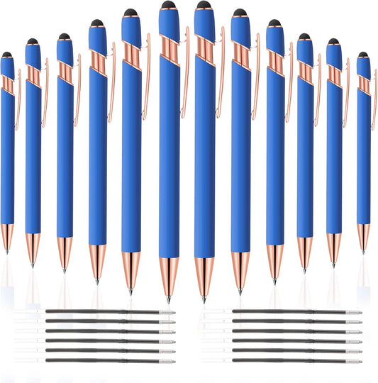 12 PCS 2 in 1 Stylus Ballpoint Pen with Stylus Tip, 1.0 mm Black Ink Metal Pen Stylus Pen for Touch Screens (Rose Gold & Light Blue)