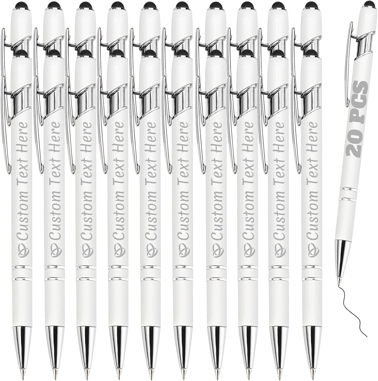 Personalized Pens Bulk 20 with Name Custom Engraving Ballpoint Pens with Stylus Tip Customized Smooth Writing Pens Personalized Gifts for Anniversary Birthday or Graduation(White,Black Ink)