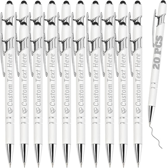 Personalized Pens Bulk 20 with Name Custom Engraving Ballpoint Pens with Stylus Tip Customized Smooth Writing Pens Personalized Gifts for Anniversary Birthday or Graduation(White,Black Ink)